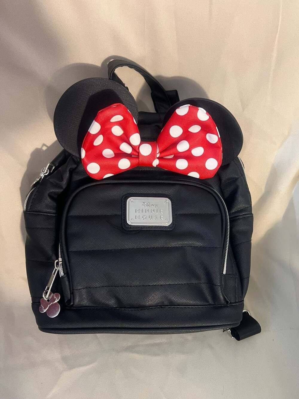 Disney Minnie Mouse Black Saffiano Faux Leather Mini Backpack Red Polka Dot Bow